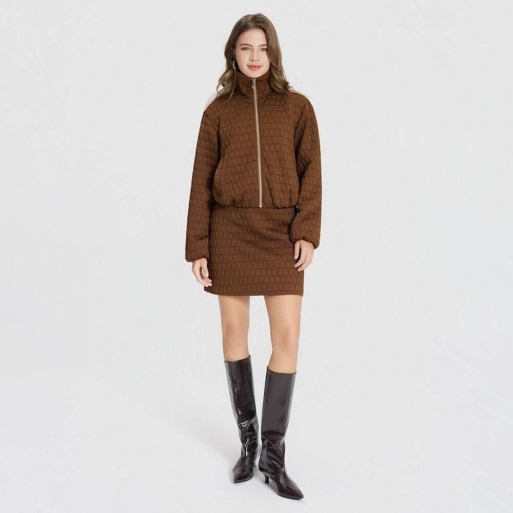 Women's Textured Jacquard Funnel-Neck Bomber Jacket - Brown Basket Weave L